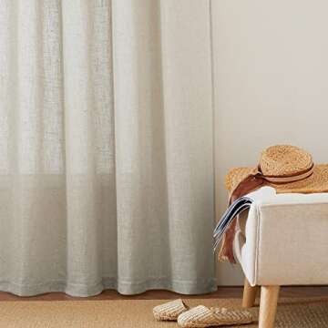 RYB HOME Linen Curtains for Bedroom - Light Airy Semi Sheer Curtains Large Window Decor for Living Room Sun Room Sliding Glass Door, Angora, 52 inch Wide x 84 inch Long, 1 Pair