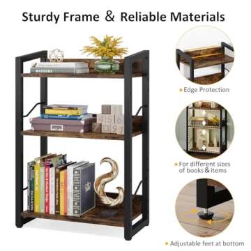 Hosfais Book Shelf Small Bookshelf: 3-Tier Wood Bookcase Industrial Bookshelf with Edge Protection Metal Narrow Bookcase Storage Organizer Display Rack for Bedroom Home Office (Rustic Brown)