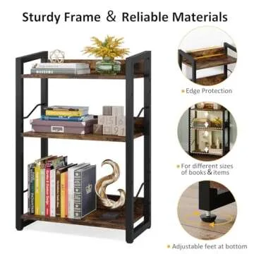 Hosfais Book Shelf Small Bookshelf: 3-Tier Wood Bookcase Industrial Bookshelf with Edge Protection Metal Narrow Bookcase Storage Organizer Display Rack for Bedroom Home Office (Rustic Brown)