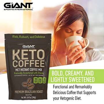 Giant Sports Keto Coffee, Instant Ketogenic Coffee Beverage Powder Mix, 6g of MCT Oil Powder per Serving, Naturally Sweetened, Sugar Free, 20 Servings