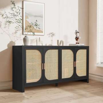 Fiogmub Rattan Sideboard Buffet Cabinet with Storage - Stylish 4-Door Wooden Cabinet for Kitchen, Di...