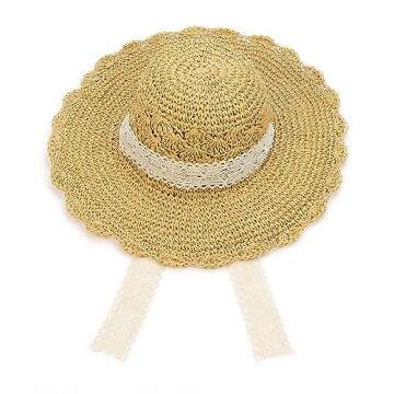 Women Straw Sun Hat with Lace Band Foldable Beach Hat Wide Brim Floppy (Lace Khaki)