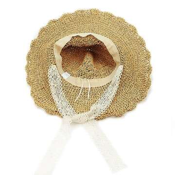 Women Straw Sun Hat with Lace Band Foldable Beach Hat Wide Brim Floppy (Lace Khaki)