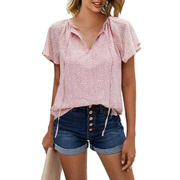 Mansy Women Tops Floral Print V Neck Ruffle Short Sleeve Summer Shirts Tops Loose Blouses