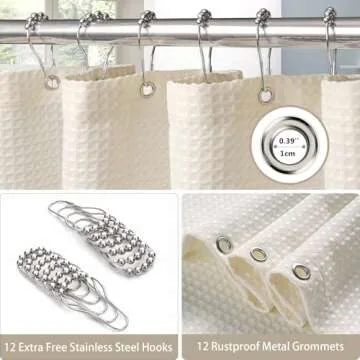 Waffle Weave Shower Curtain with Stainless Steel Hooks - 230 GSM Heavy Duty Fabric Bath Curtains, Hotel Luxury Quality, Water Resistant, Machine Washable, Weighted Hem, 72 x 84 Inches (Cream)