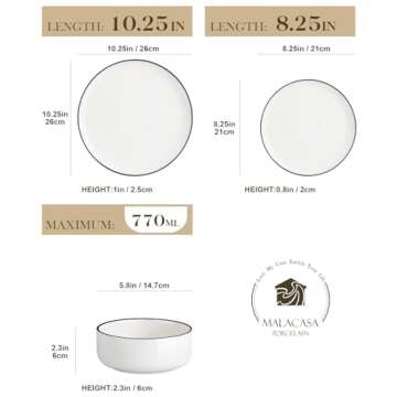 MALACASA Plates and Bowls Sets, 18 Pieces Modern Porcelain Dinnerware Set for 6 White Kitchen Dinner...
