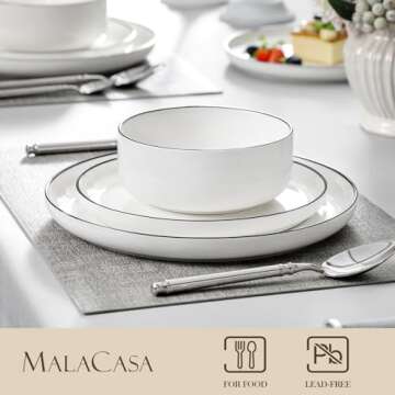 MALACASA Plates and Bowls Sets, 18 Pieces Modern Porcelain Dinnerware Set for 6 White Kitchen Dinner Ware Set wtih Black Rim Ceramic Dishware Dishes Microwave and Dishwasher Safe, Series LUNA