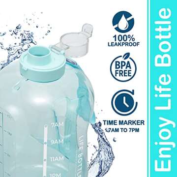 Life Bottle 1 Gallon Water Bottle with Straw Lid and Chug Lid, Big Leakproof Water Jug with Time Mar...