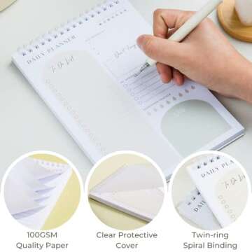 Daily Planner To Do List Notepad 60 Undated Pages,Almond,Twin-ring Spiral Bindling 6x9 Inch Desktop Daily Planning Notepad with Protective Cover,Notebook for Daily Tasks, Water Intake, Habit Tracker