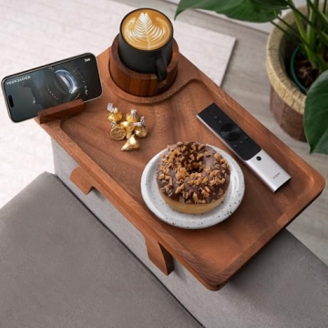 ROCDEER Sofa Arm Tray, Acacia Wood Couch Cup Holder Tray, Portable Large Sofa Armrest Tray Anti-Spil...