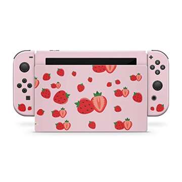 Tacky Design Strawberries Skin Compatible with Nintendo Switch Skin Wrap Cover, Kawaii Pink Strawberry Skin for Nintendo Switch Stickers, Premium Vinyl 3M Full Wrap Decal.