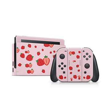 Tacky Design Strawberries Skin Compatible with Nintendo Switch Skin Wrap Cover, Kawaii Pink Strawberry Skin for Nintendo Switch Stickers, Premium Vinyl 3M Full Wrap Decal.
