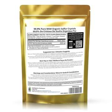 Organic Sulfur Crystals - 99% Pure MSM Crystals, Premium MSM Supplement - Excellent Quality and Absorption. 1 LB Pack.