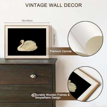 Framed Canvas Wall Art Swan Decor, Vintage Wall Art Animal Oil Painting Bathroom Wall Decor, Swan Vintage Art Prints for Wall Decor, Vintage Home Decor for Living Room Bedroom Kitchen - 12x16 inches