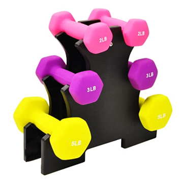Fitvids Set of 6 Neoprene Dumbbell Hand Weights, Anti-Slip, Anti-roll, Hex Shape Colorful, 2/3/5 Pound Pairs, 20-Pound with Rack