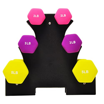 Fitvids Set of 6 Neoprene Dumbbell Hand Weights, Anti-Slip, Anti-roll, Hex Shape Colorful, 2/3/5 Pound Pairs, 20-Pound with Rack