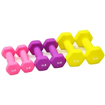 Fitvids Set of 6 Neoprene Dumbbell Hand Weights, Anti-Slip, Anti-roll, Hex Shape Colorful, 2/3/5 Pound Pairs, 20-Pound with Rack