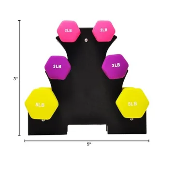 Fitvids Set of 6 Neoprene Dumbbell Hand Weights, Anti-Slip, Anti-roll, Hex Shape Colorful, 2/3/5 Pound Pairs, 20-Pound with Rack