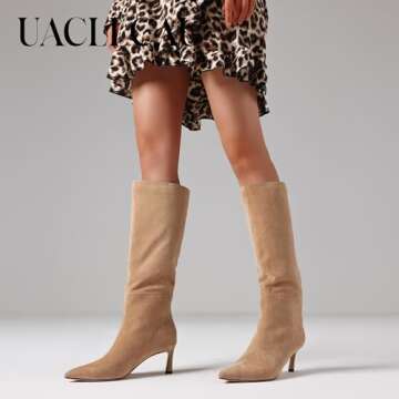 Uacllcau Knee High Boots for Women | Pointed Toe Kitten Heel Slip-On Style