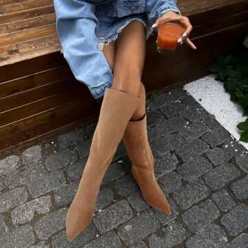 Uacllcau Knee High Boots for Women Stylish Kitten Heel Fashion