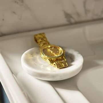 PHINILUX 𝟏𝟎𝟎% Round Marble Ring Dish, Trinket Dish Tray, Jewelry Holder, Nightstand Decor,4''D, Carrara White