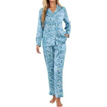 KCW Blue Pajamas for Women Silk Satin Pj Sets Long Sleeve Button Front Pjs Ladies Sleepwear Floral P...
