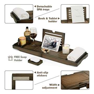 🛁 XCSOURCE Luxury Bamboo Bathtub Tray Caddy | Expandable Bath Tray Shelf Across Tub| Natural Bathtub Caddy Tray with Soap Box | Bathtub Accessory with Wine Glass Holder, Book Caddy, Tablet Holder