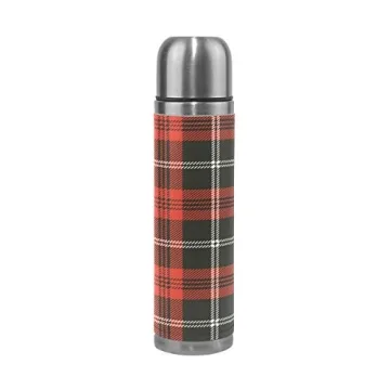 Red Black Plaid Vacuum Thermos - Stylish Insulated Water Bottle with Genuine Leather Cover