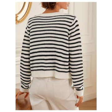 GORGLITTER Women's Long Sleeve Crew Neck Cardigan Sweaters Striped Cute Knitted Cardigans Outfits Black Striped Medium