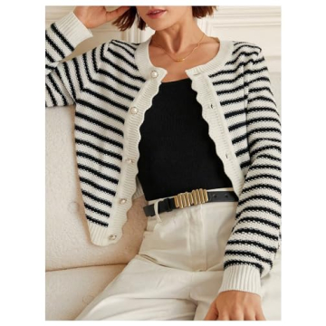 GORGLITTER Women's Long Sleeve Crew Neck Cardigan Sweaters Striped Cute Knitted Cardigans Outfits Black Striped Medium