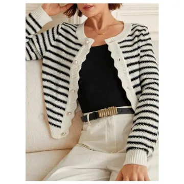 GORGLITTER Women's Long Sleeve Crew Neck Cardigan Sweaters Striped Cute Knitted Cardigans Outfits Black Striped Medium