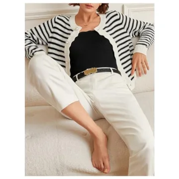 GORGLITTER Women's Long Sleeve Crew Neck Cardigan Sweaters Striped Cute Knitted Cardigans Outfits Black Striped Medium