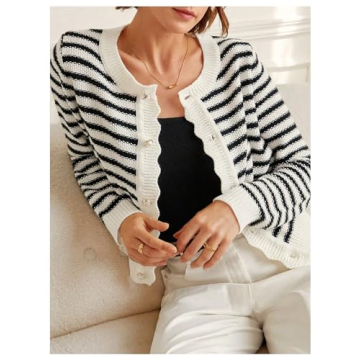 GORGLITTER Women's Long Sleeve Crew Neck Cardigan Sweaters Striped Cute Knitted Cardigans Outfits Black Striped Medium