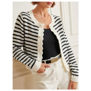 GORGLITTER Women's Long Sleeve Crew Neck Cardigan Sweaters Striped Cute Knitted Cardigans Outfits Black Striped Medium