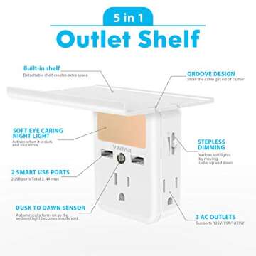 2 Pack VINTAR Socket Outlet Shelf Wall Outlet Extender with Built in Shelf, Multi Plug Outlet with A...