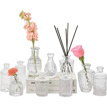 BALGELI 10 Glass Bud Vases, Clear, Vintage Style, Lightweight, Embossed Patterns - Mini Flower Vases...