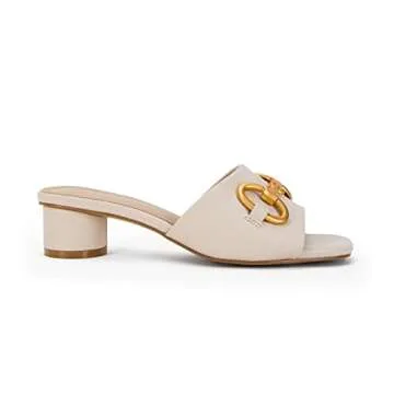 Coutgo Women's Slide Sandals Square Open Toe Slip on Comfortable Mules Block Low Heel Metal Chain Dressy Shoes,Beige Grey,Size 8