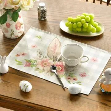 Artoid Mode Buffalo Plaid Bunny Rabbit Ears Flower Easter Placemats for Dining Table, 12 x 18 Inch Spring Summer Seasonal Holiday Rustic Vintage Washable Table Mats Set of 4