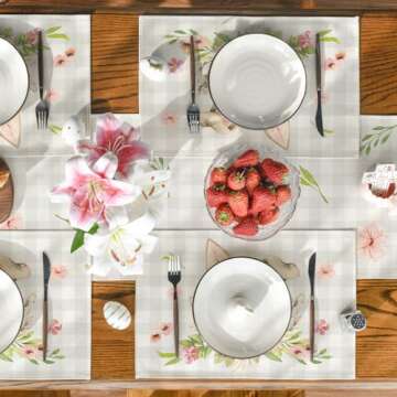 Artoid Mode Buffalo Plaid Bunny Rabbit Ears Flower Easter Placemats for Dining Table, 12 x 18 Inch Spring Summer Seasonal Holiday Rustic Vintage Washable Table Mats Set of 4