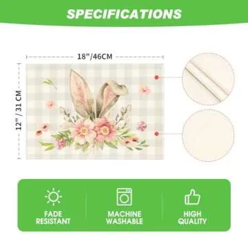 Artoid Mode Buffalo Plaid Bunny Rabbit Ears Flower Easter Placemats for Dining Table, 12 x 18 Inch Spring Summer Seasonal Holiday Rustic Vintage Washable Table Mats Set of 4