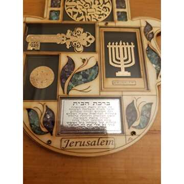 Hamsa Wall Decor Hebrew Blessing Wall Decor Jewish Blessings for luck & Protection Hand Fatima Wood With Semi Precious Stones Gift Menorah Shma Israel Star of David Kabbala Key