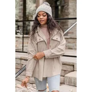 VICHYIE Womens Petie Corduroy Shacket Blouses Lapel Button Down Shirts Pocket Long Sleeves Tops Jacket Coats Apricot S