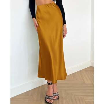 BTFBM 2025 Women Long Satin Summer Fall Skirt Silk Elegant High Waist Cocktail Party Wedding Flared A-Line Midi Skirts(Solid Brown Yellow, Small)