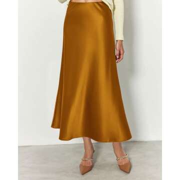 BTFBM 2025 Women Long Satin Summer Fall Skirt Silk Elegant High Waist Cocktail Party Wedding Flared A-Line Midi Skirts(Solid Brown Yellow, Small)