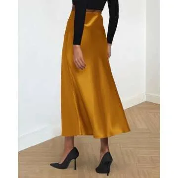 BTFBM 2025 Women Long Satin Summer Fall Skirt Silk Elegant High Waist Cocktail Party Wedding Flared A-Line Midi Skirts(Solid Brown Yellow, Small)