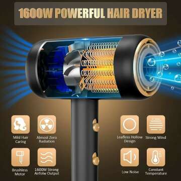 Ionic Hair Dryer 1600W Professional with Diffuser