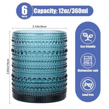 ZMOWIPDL Vintage Glassware Drinking Glasses Set of 6,12 oz Hobnail Glass Cups,Embossed Blue Water Tu...