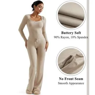 OMKAGI Womens Lounge Set Lace Square Neck Long Sleeve Tops Wide Leg Pants 2 Piece Outfits(L,212-Khak...