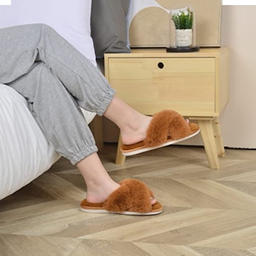 Parlovable Women's Cross Band Slippers Fuzzy Soft House Slippers Plush Furry Warm Cozy Open Toe Fluffy Home Shoes Comfy Indoor Outdoor Slip On Breathable Caramel 5-6