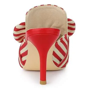 Allegra K Women's Stripe Bow Slip on Stiletto Heel Red Slides Mules 7 M US